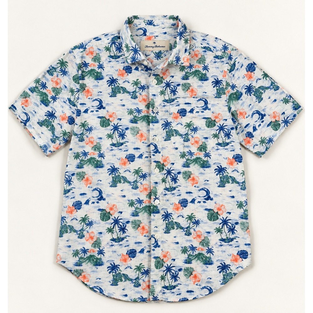 Tommy Bahama Mens Small Tropical Island Print Linen Cotton Button Down Shirt